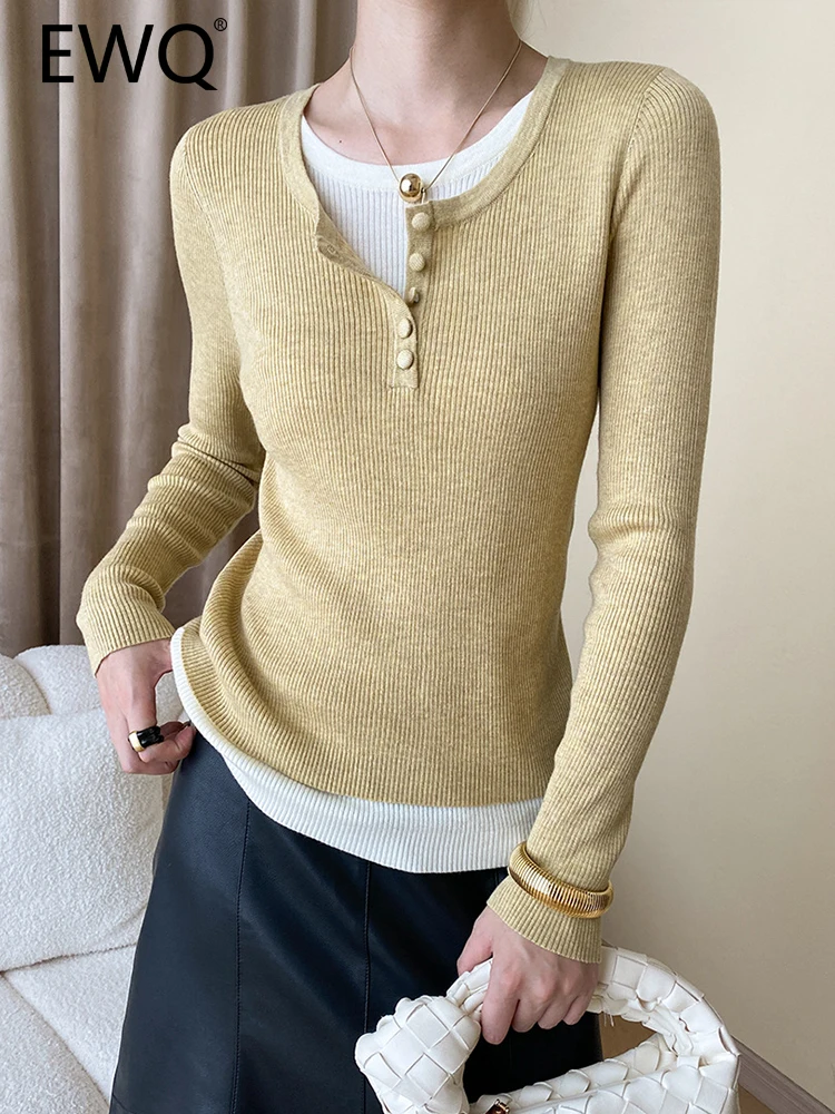 

EWQ French Style Elegant Knitting T-shirt For Women Long Sleeve Slim Bottoming Female Tops Fashion Tees 2023 Autumn New 26D5158