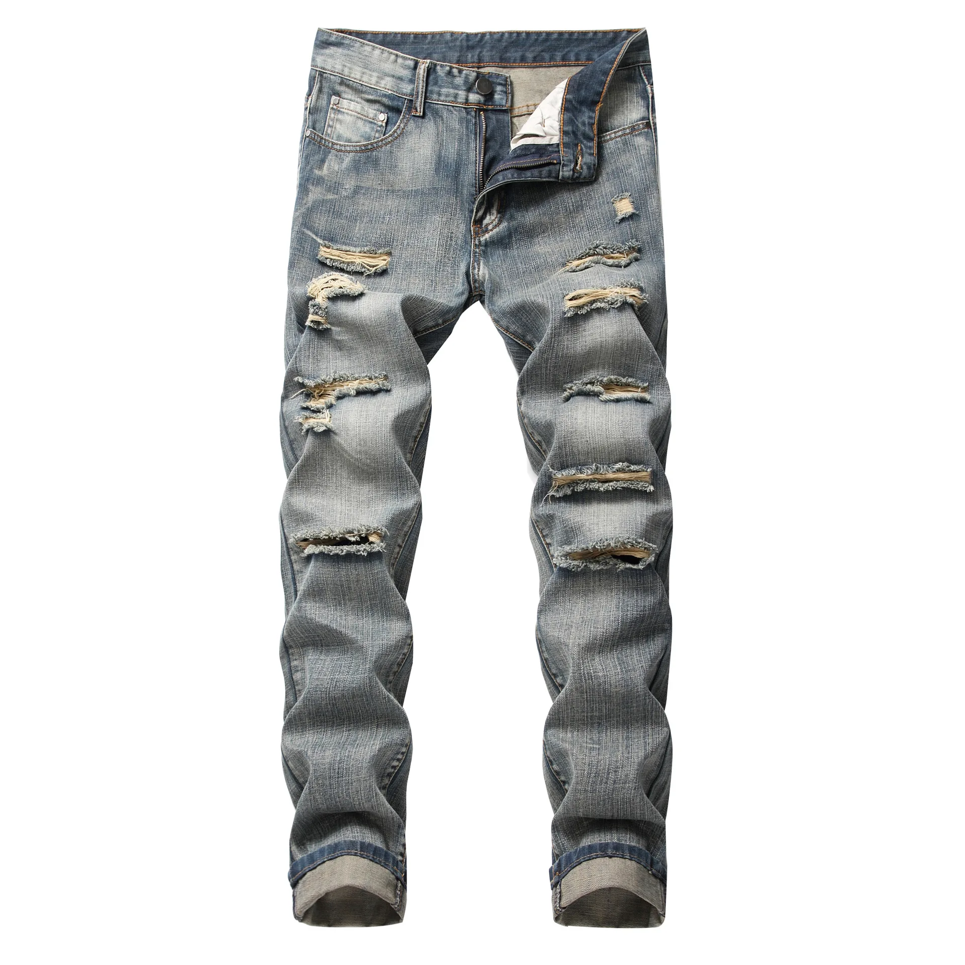 Men's Jeans Holes Straight Slim Elasticityless Jeans Hole Denim Pants Fashion Streetwear Mens Full Length Trousers