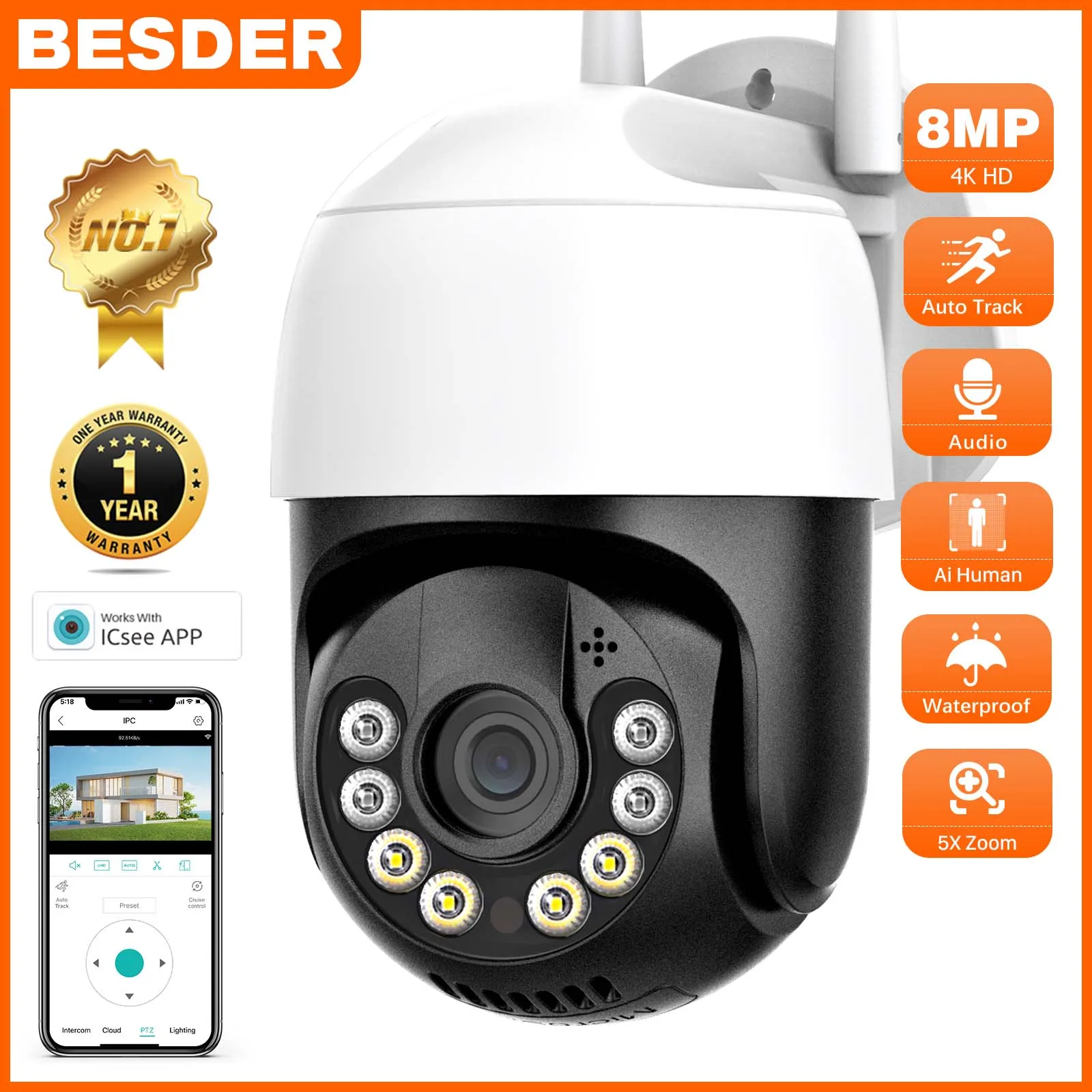 

BESDER 8MP 4K Wifi IP Camera Outdoor H.265 5MP Wireless PTZ Camera Security Cam AI Tracking Video Home Surveillance CCTV ICsee