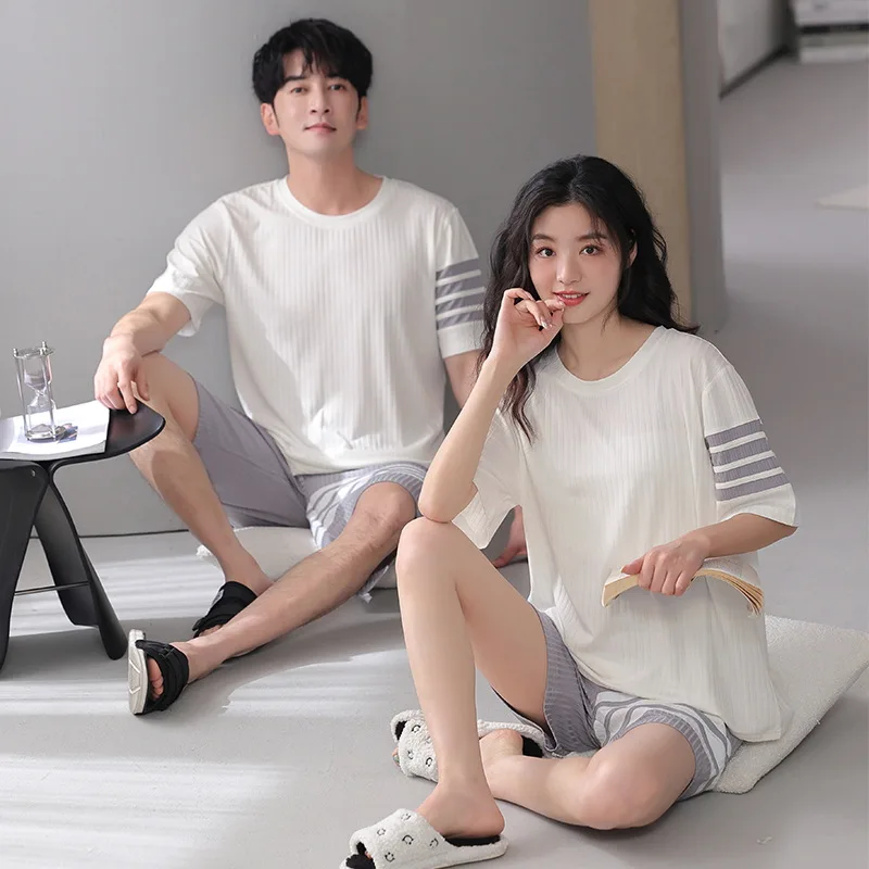 Summer Modal Couple Pajamas Women's Short-sleeved Shorts Stretch Cold Men's Couple Home Service Suit Korean Version of The Trend