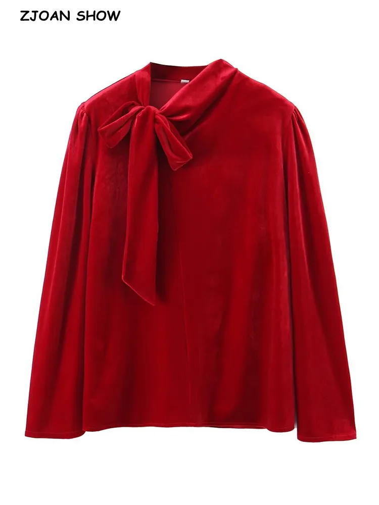 

Женская бархатная рубашка в стиле ретро, красная однобортная блузка с косым воротником, пуговицами и пышными рукавами, осень 2022