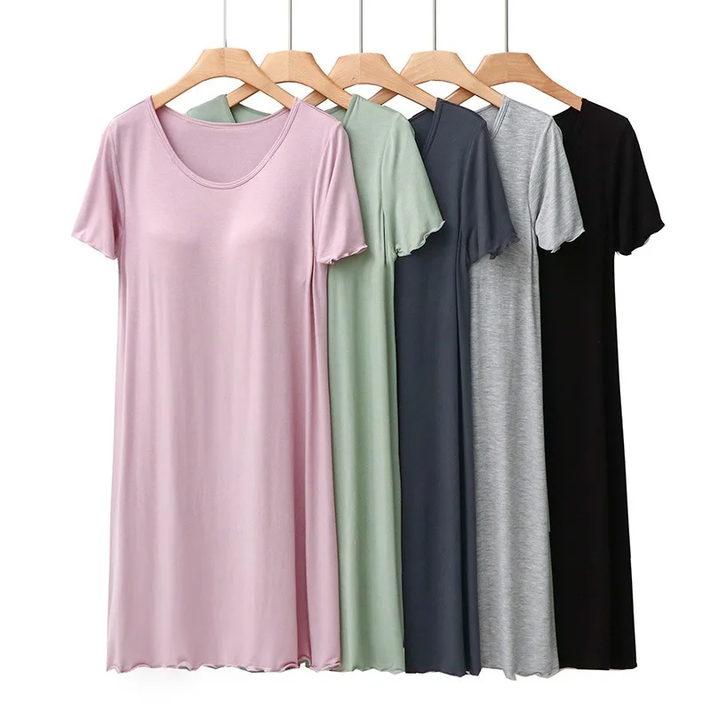 

Nightwear Sleep Dress with Chest Pad Pajamas Nightdress Women's Modal Large Size Solid Color Simple Comfortable Home Nightdress