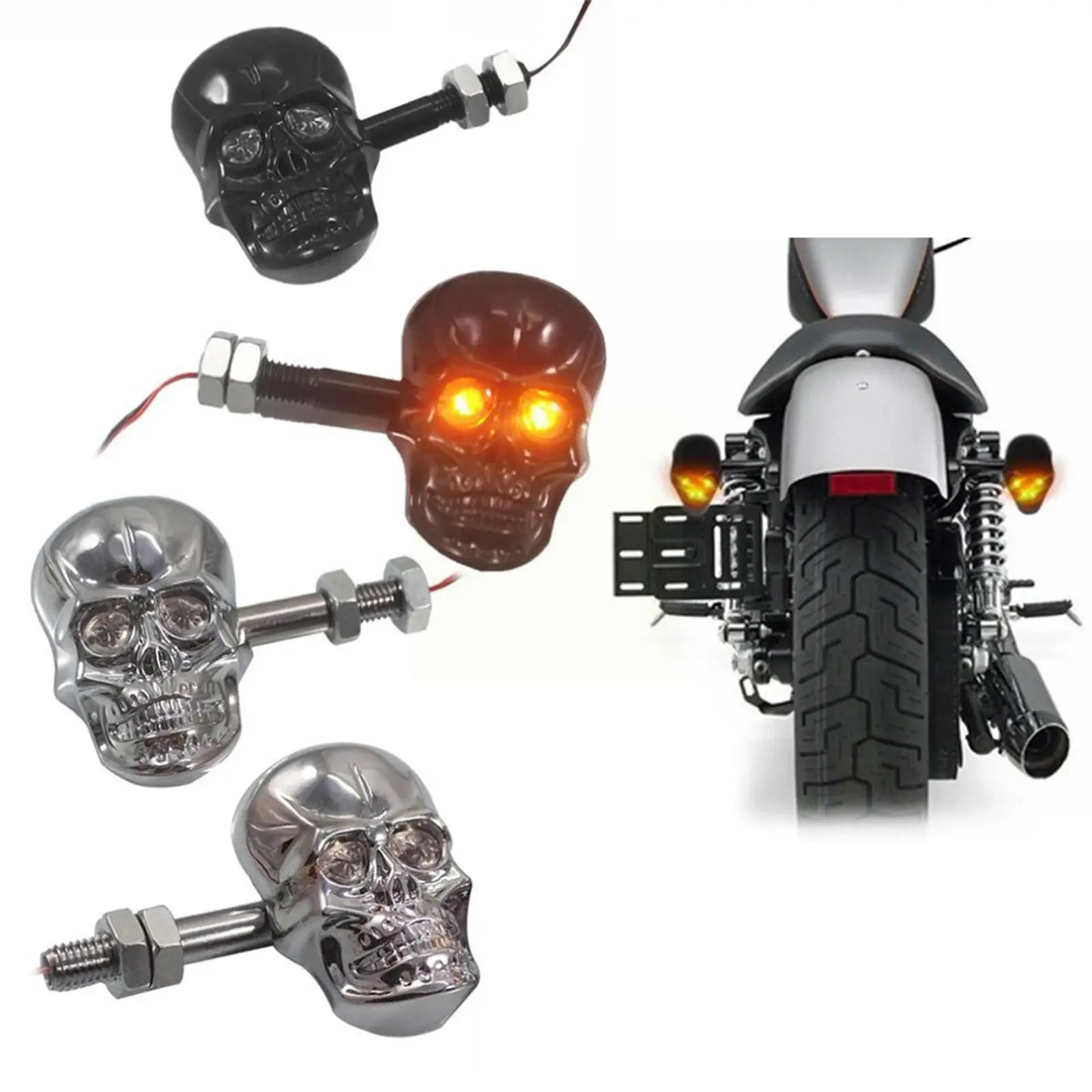 

Vintage Refit Motorcycle Turn Signal Lights Abs Skull Chromed Indicators Led Universial Model Color 2 F5y0