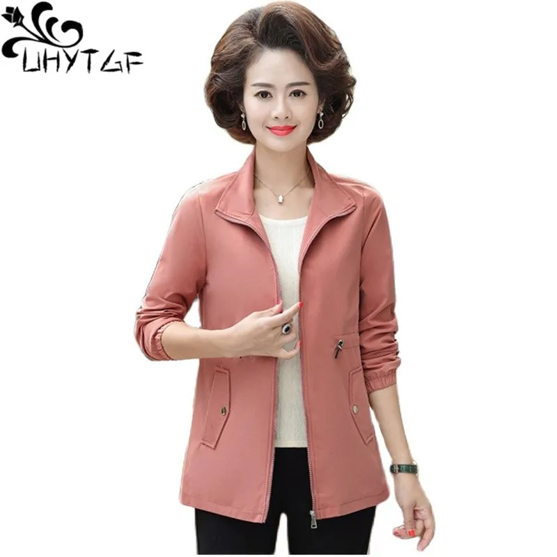 

UHYTGF New Women 5XL Loose Size Coat Long-Sleeved Casual Autumn Jacket Solid Wild Short Top Female Mom Thin Outwear Jaqueta 1997