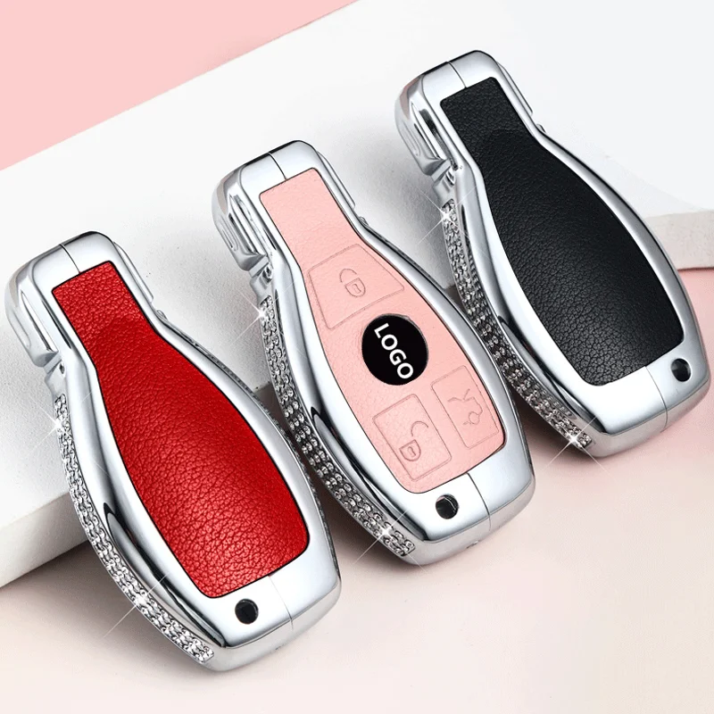 

For Diamond Zinc Alloy Leather Car Key Bag Case Cover Key Holder For Mercedes Benz W203 W210 W211 W124 W202 W204 AMG Accessories