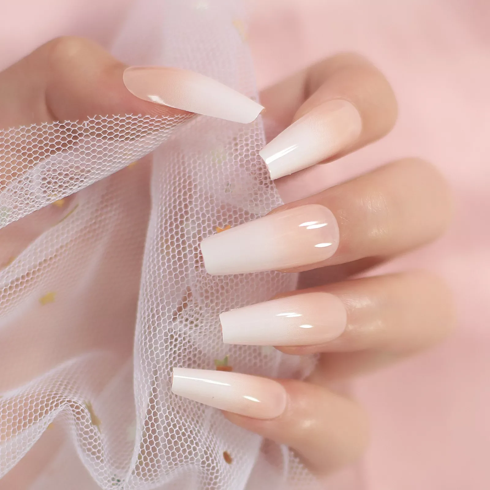 

NEW IN Glossy Ombre Pink Nude White French Ballerina Coffin False Nail Gradient Press on Reusable Ballet Fake Nails Tips