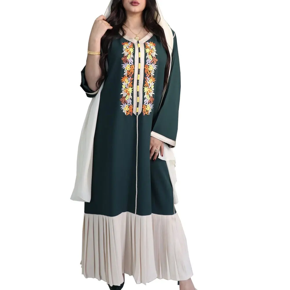 Trandional Style Dubai Fashion Robe Abaya Women's Clothing Autumn Winter Muslim Trade All Season Embroidery Lace Chiffon Dress