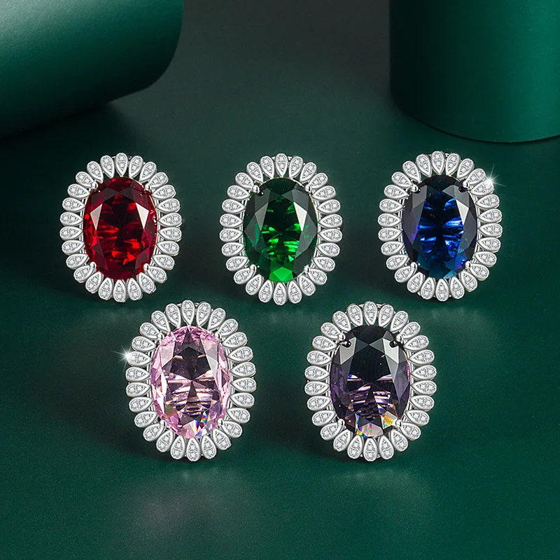 

European and American Oval Simulation Red Tourmaline Gemstone Color Treasure Open Ring Imitation Emerald Group Zircon Ring