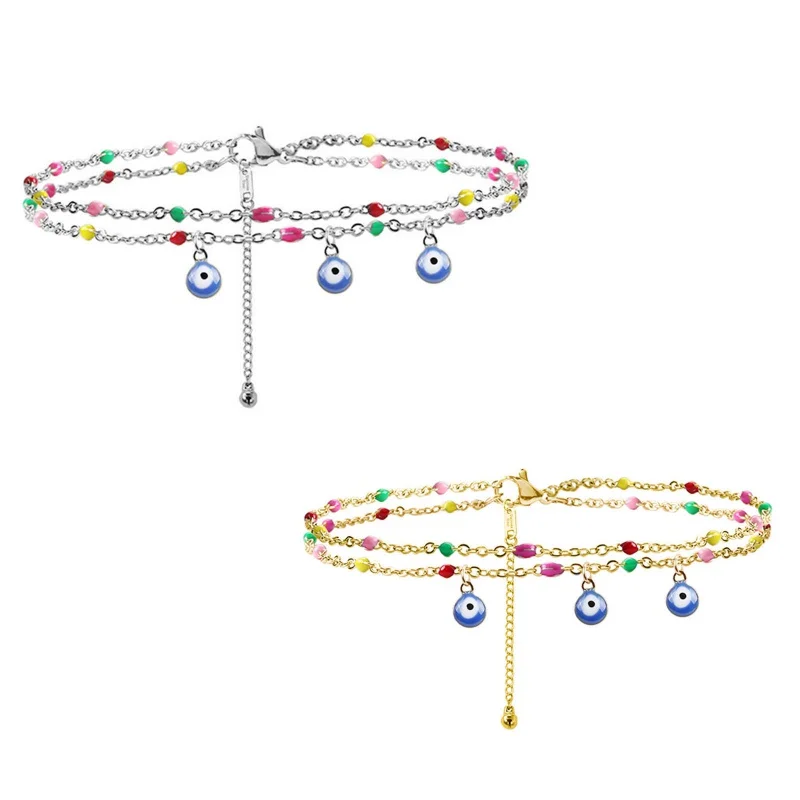 

304 Stainless Steel Stylish Link Cable Chain Multilayer Layered Anklet Multicolor Evil Eye Jewelry 22cm(8 5/8") long, 1 Piece