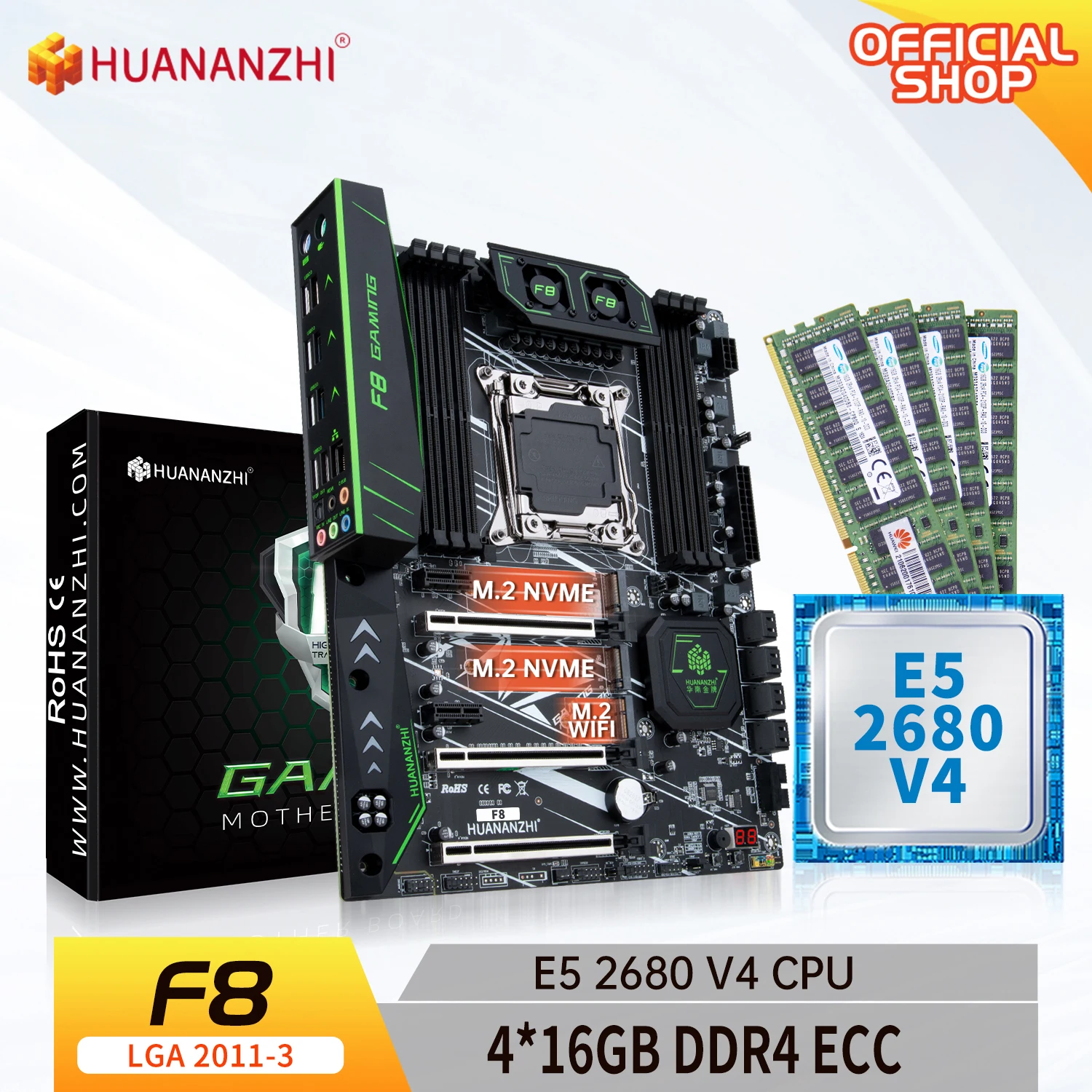 

HUANANZHI X99 F8 LGA 2011-3 XEON X99 Motherboard with Intel E5 2680 v4 with 4*16G DDR4 RECC memory combo kit set NVME SATA