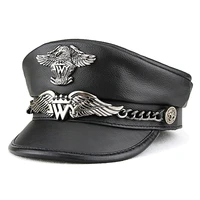 2022 novelty winter german military cap man genuine leather flat top hat fashion eaglemark badge chain punk locomotive casquette