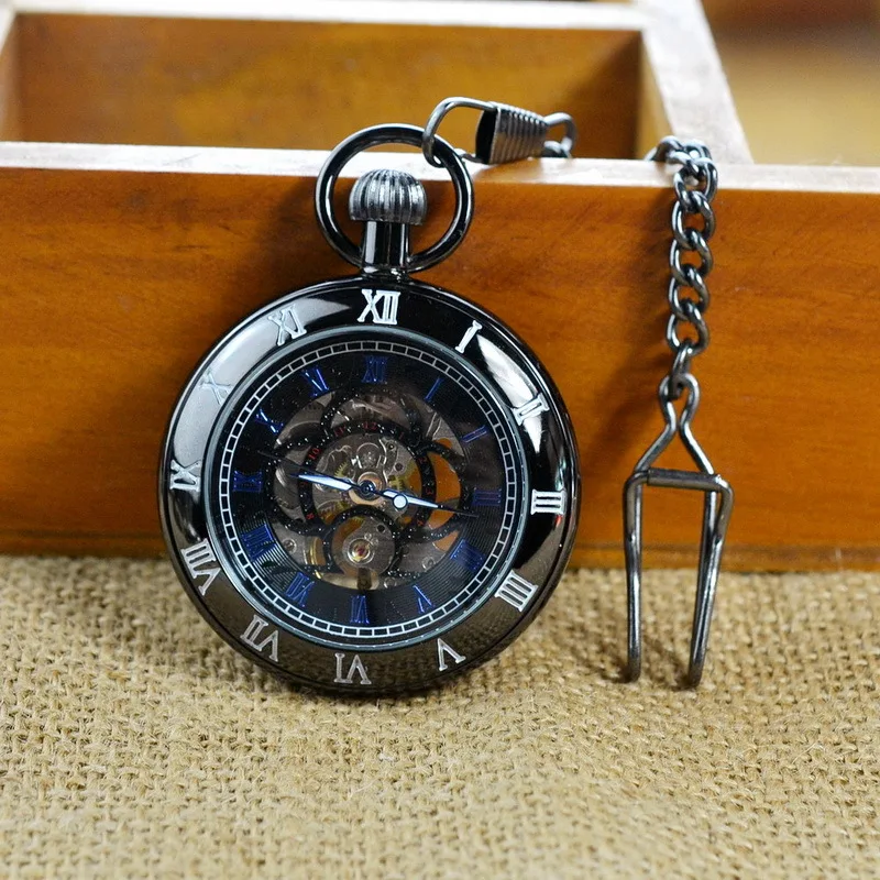 Luxury Mechanical Bronze Carving Pocket Watch for Men Women Steampunk Flower Engraved Case Roman Numeral Fob Chain Pendant Clock