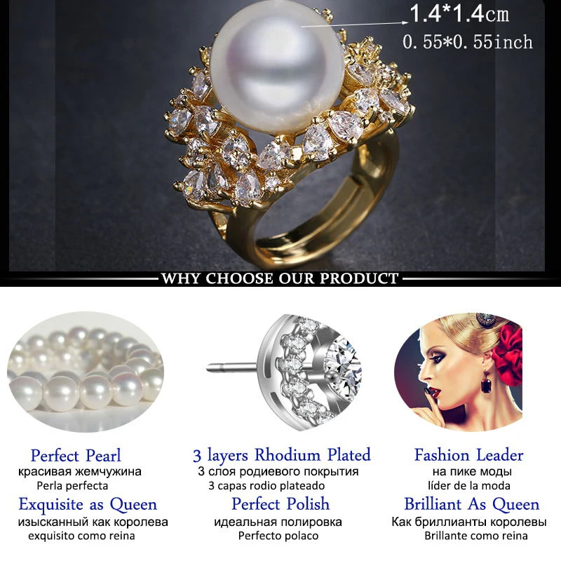 LXOEN Fashion Big Imitation Pearl Ring With Bright CZ Stone Crystal Women Wedding Ring Boho Vintage Jewelery Bijoux Femme Marque images - 6