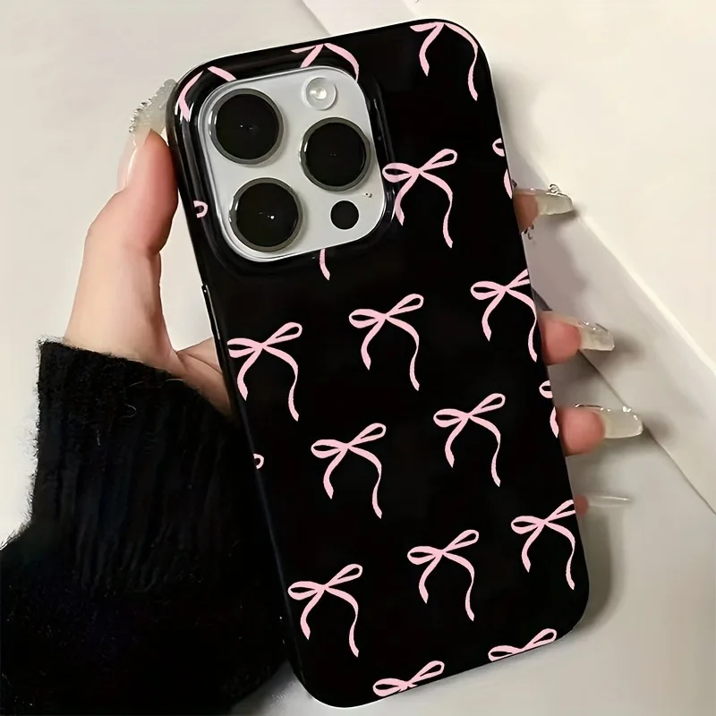 Черно-розовый чехол для телефона с ручной росписью в виде банта для iPhone 17, 16, 15, 14, 13, 12, 11 Pro Max Plus, противоударный, с защитой объектива, антиударный (art.: 3920db75fb762) - 3920db75fb762