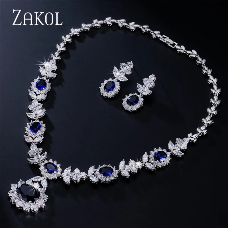 

ZAKOL Luxury White Color Dark Blue AAA Cubic Zirconia Jewelry Sets for Elegant Bridal Wedding Flower Jewelry FSSP112