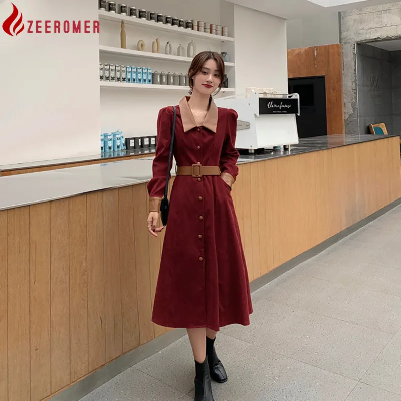 

2022 Autumn New Women Elegant Vintage Velvet Dress+Belt Long Sleeve Warm High Waist Korean A-line Ladies Office Slim Party Dress