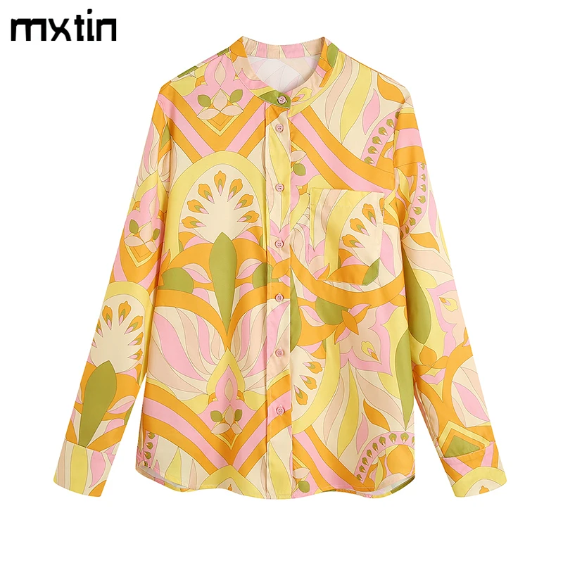 

2022 Women Spring Vintage Print Single Breasted Blouses Fashion O-Neck Long Sleeve Pockets Female Shirt Casual Chic Tops Mujer