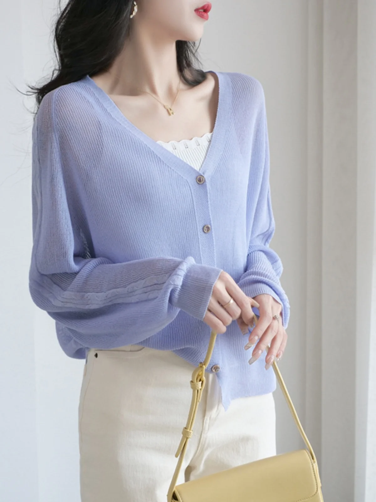 Ice Silk Sun Protection Clothing Cardigan Women 2024 Summer Thin Breathable Outdoor Airable Shirt V-neck Knitted Cover up Sho...