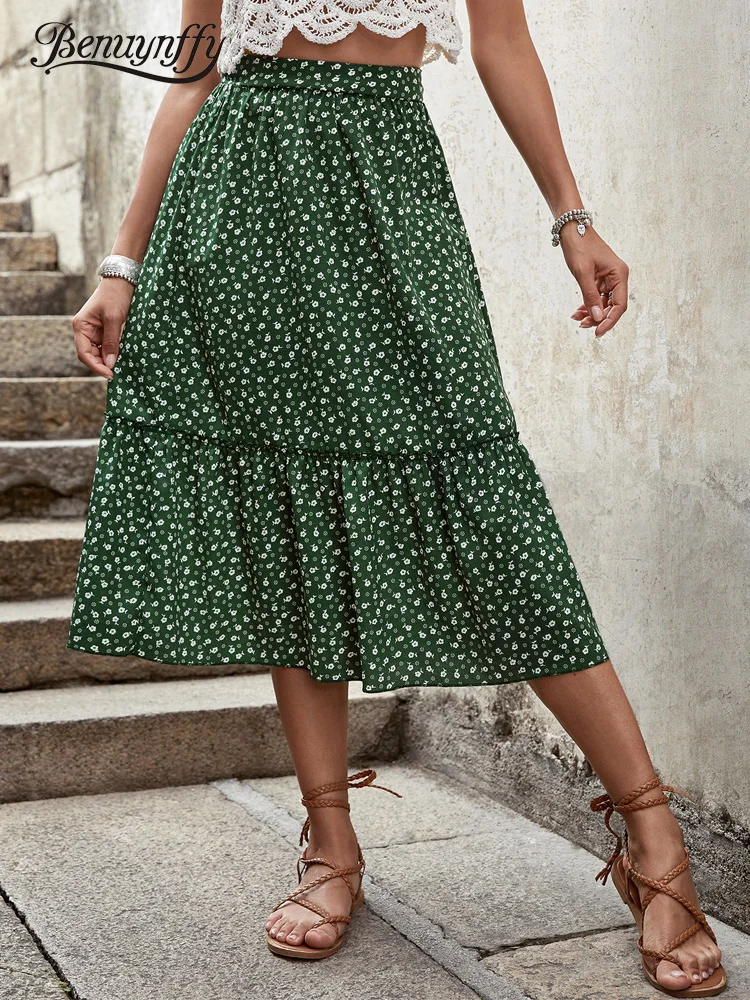 

Benuynffy Ditsy Floral Print Boho Midi Skirt Women Holiday Beach Summer Frill Trim High Waist A-line Female Ruffle Hem Skirts