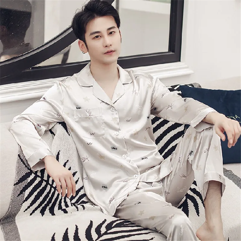 Men's 2 Piece Pajamas Sets Striped Pijama Faux Silk Satin Pyjama Male Sleepwear Long Sleeve Lapel Shirt Pants Suits Homewear