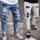 Мужские джинсы с вышивкой и мультяшным принтом, эластичные рваные обтягивающие байкерские джинсы с вырезами, высококачественные обтягивающие джинсы в стиле хип-хоп, черные