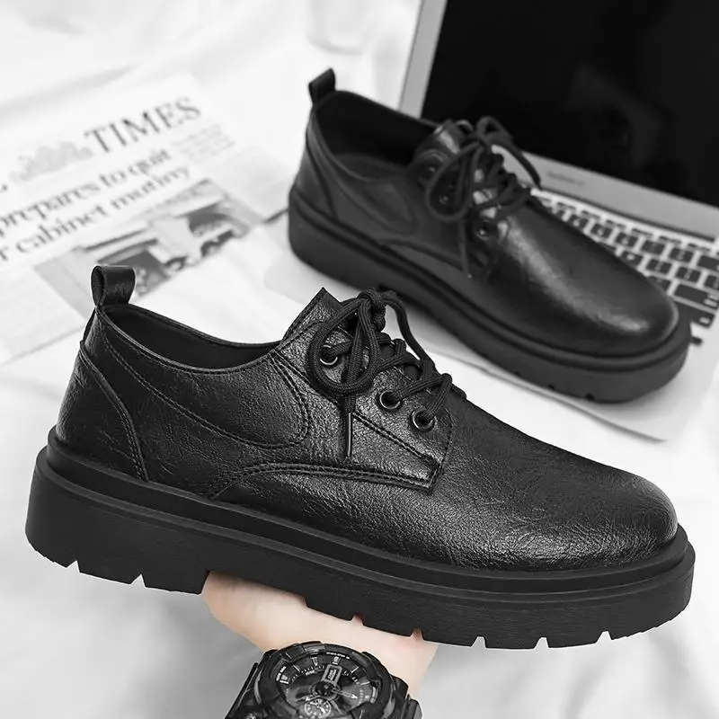 

Suit Leather Shoes Men's Autumn Men's Business Casual British Style Men's Thick Bottom round Head Botton Width Big Head Dr. Mart