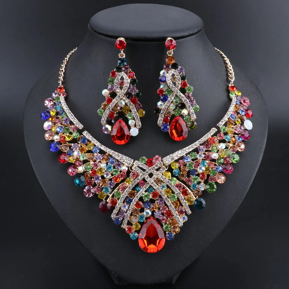 Luxury Full Rhinestones Crystal Necklace and Earrings Statement African Bridal Jewelry Sets with Gift Boxes | Украшения и