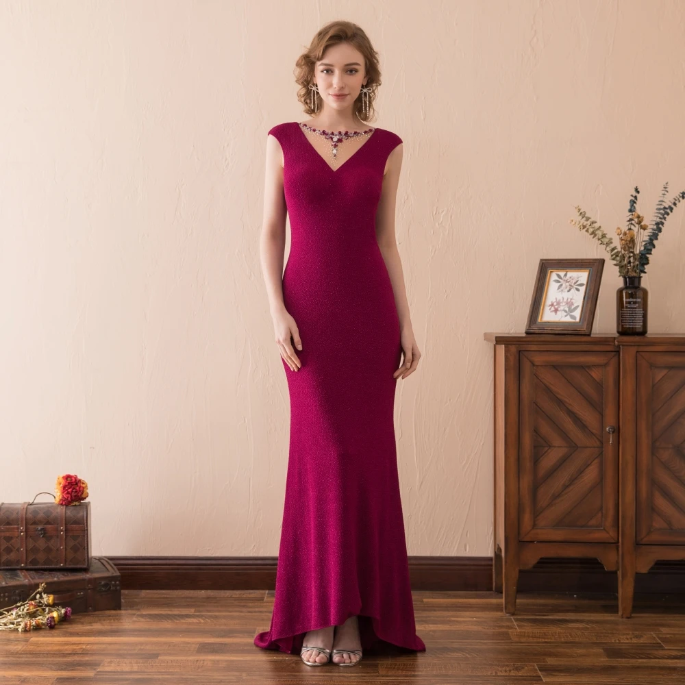 

Noble V Neckline Prom Sleeveless Gown Tea Length Club Sheath Cocktail Sweep Train Formal Backless Party Lady Evening Dress