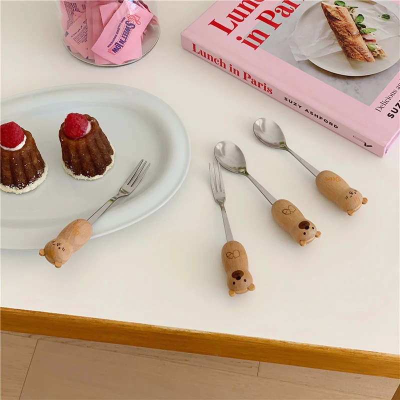 Kawaii Bear Cat ложка вилка столовые приборы набор для детской девушки Милая Корейская