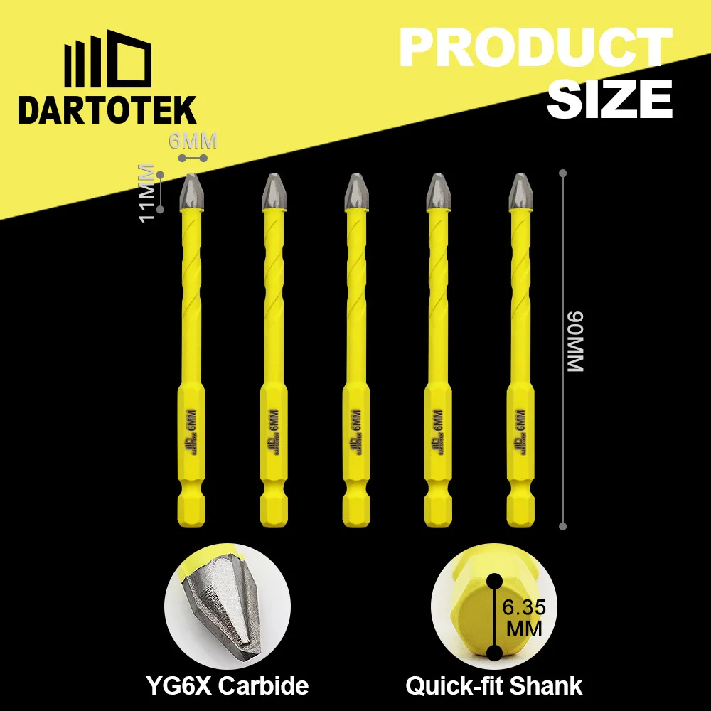 

Набор сверл DARTOTEK 5/6/8/10/12 мм, 5 шт., спиральное твердосплавное эксцентриковое сверло для кладки, керамической плитки, дерева, пластика, бетона, кольцевая пила