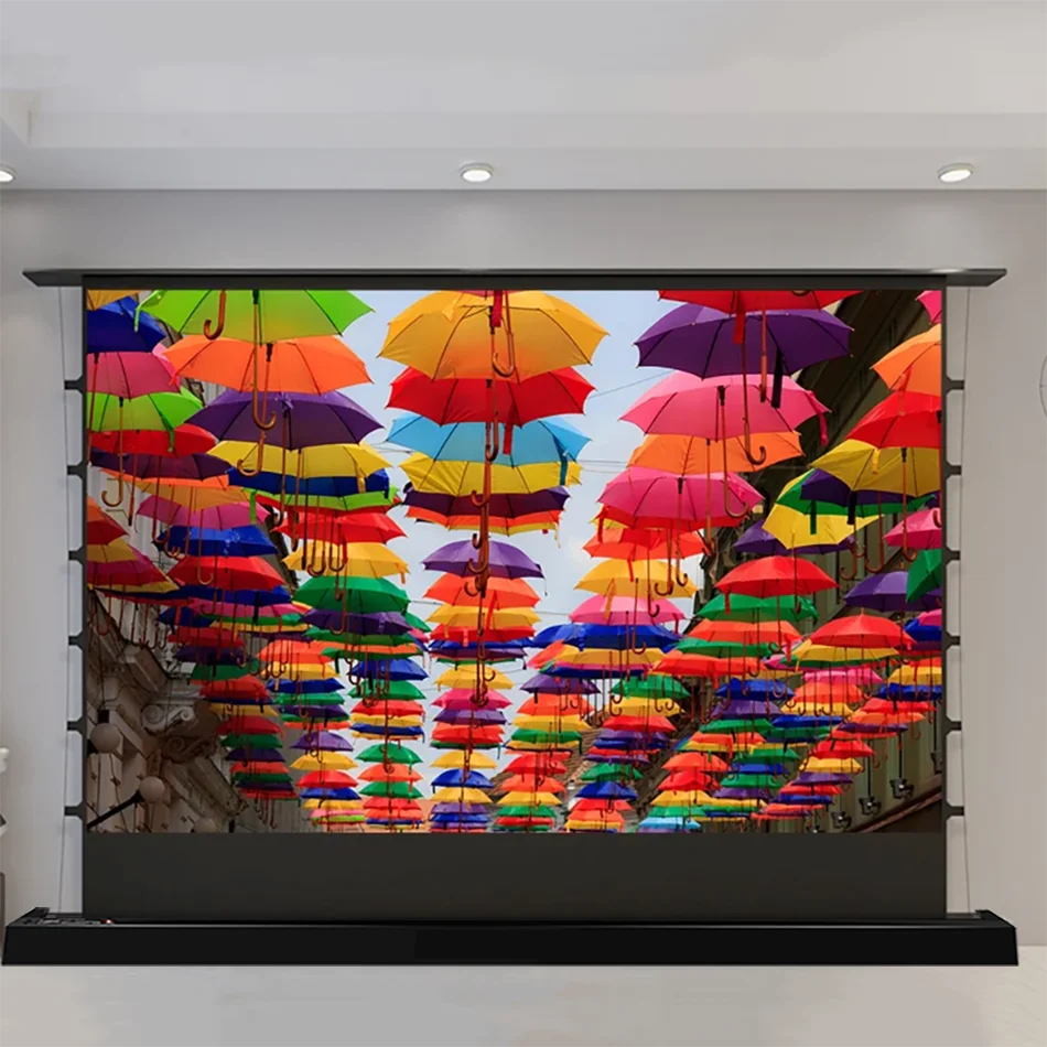 

Electric ALR/CLR Rollable Floor Rising Projection Screen in Long Throw Ambient Light Rejecting 3D/4K for Normal Projector