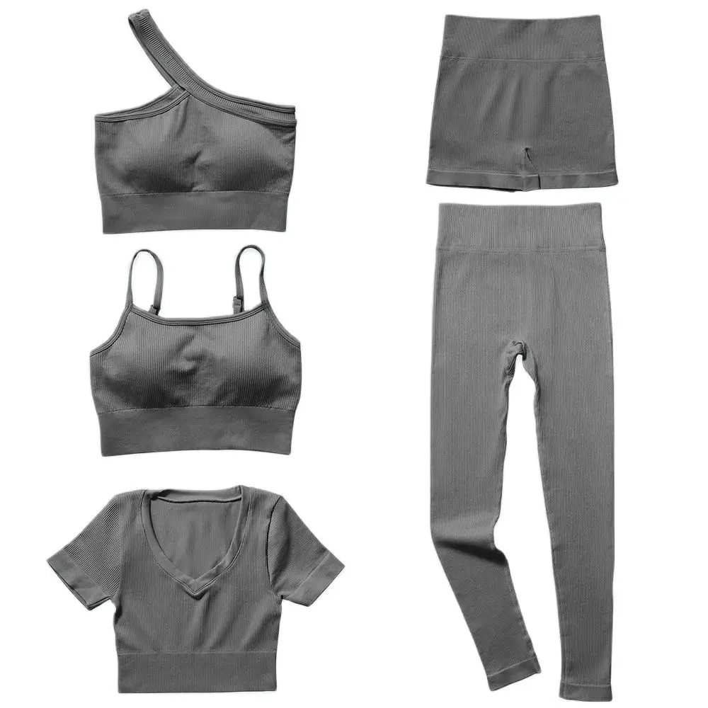 1 Piece Yoga Set Women's Gym Seamless Sport Clothing One Shoulder Sling Bra Shorts Short Sleeve Skinny Pants Set Sportswear Suit