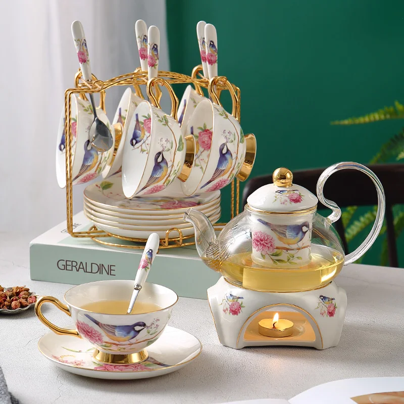 

Teacup Teapot Floral Bone Ceremony Cup Teaware Strainer Pot Bird Pastoral Candler Glass China Set Ceramic Tea With Set Tea