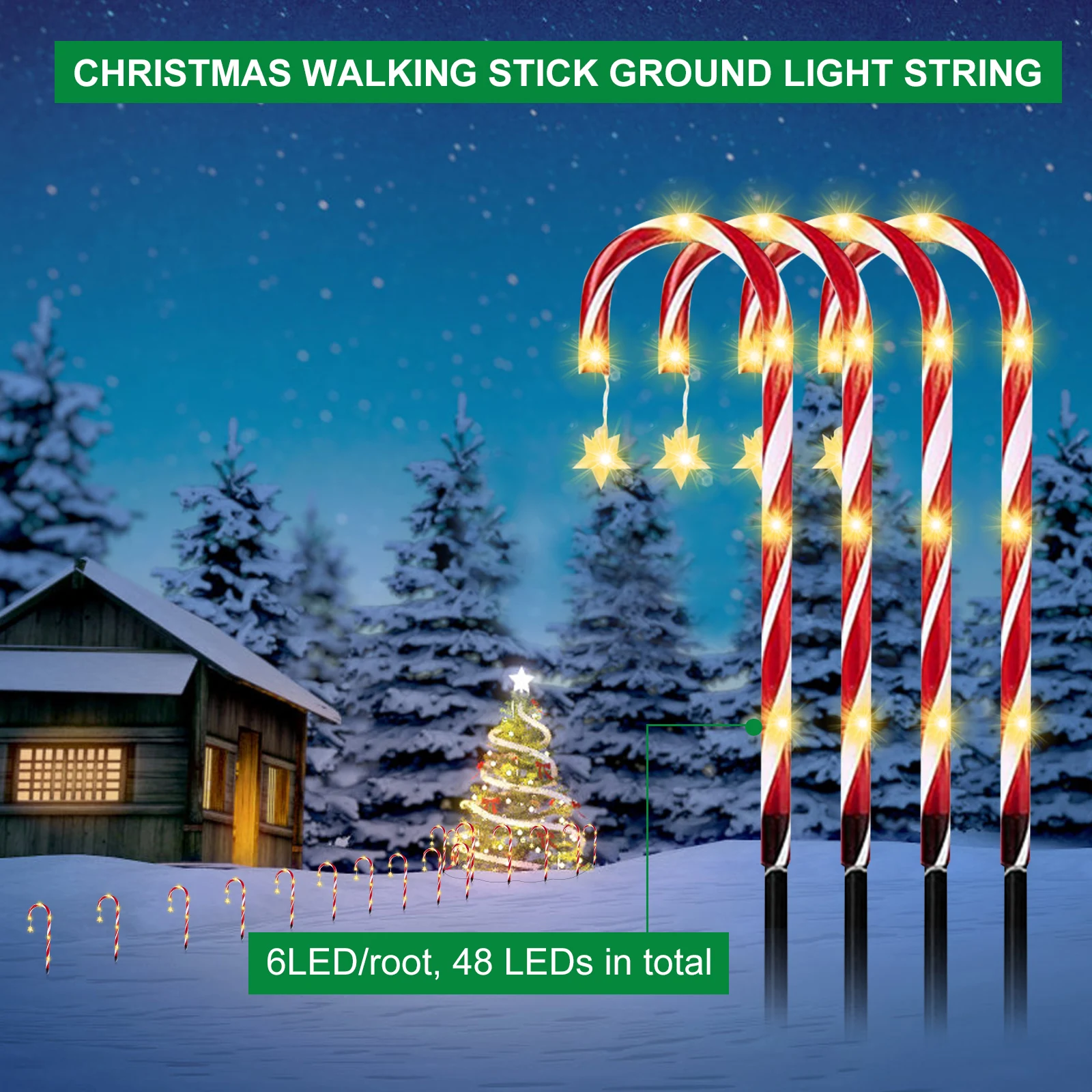 

Solar Christmas Ground Plug Crutch Lamps Waterproof 8 Modes Festive Lawn Lights Outdoor Walkway Candy Cane Lamp for Lighting