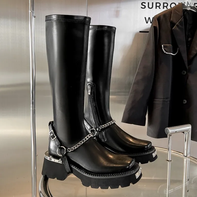 

Boots Women 2023 New Winter Knee High Chelsea Boots Chunky Platform Mid Heels Shoes Designer Goth Motorcycle High Botas Pumps