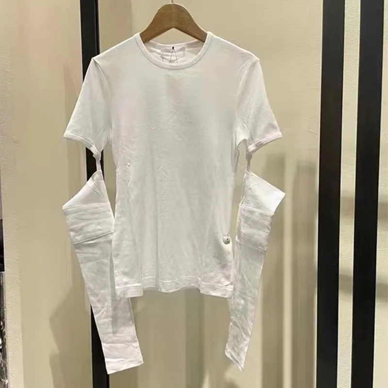 

2022 Korean Design Women T-Shirt Long Sleeve Adjust Short Sleeve Summer Top O-Neck Cotton Tee