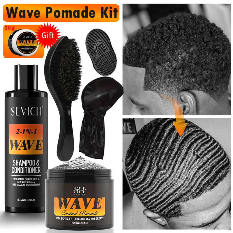 Фото 3,53 унции Biotin Waves Control Pomade для мужчин Sevich Sport Strong Hold Wave Гель для волос с кистью Волнистые волосы Масло Шампунь Кондиционер №1