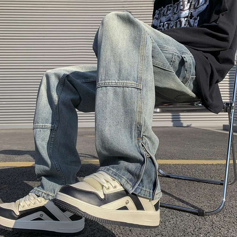 Blue Black Cargo Jeans Men Slim Fashion Casual Pocket Jeans Men Japanese Streetwear Hip-hop Straight Denim Pants Mens Trousers