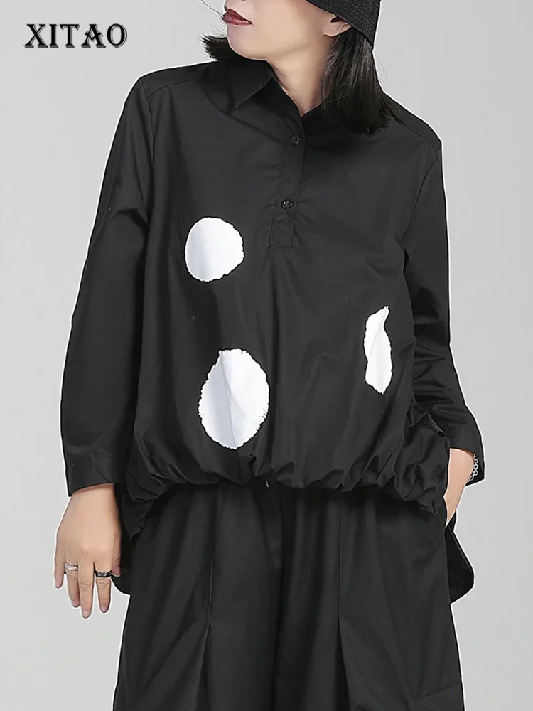 

XITAO Loose Asymmetric Dot Print Shirt Fashion Trend Street Wind Women Autumn New Arrival Casual Irregular Black Top LYD1010