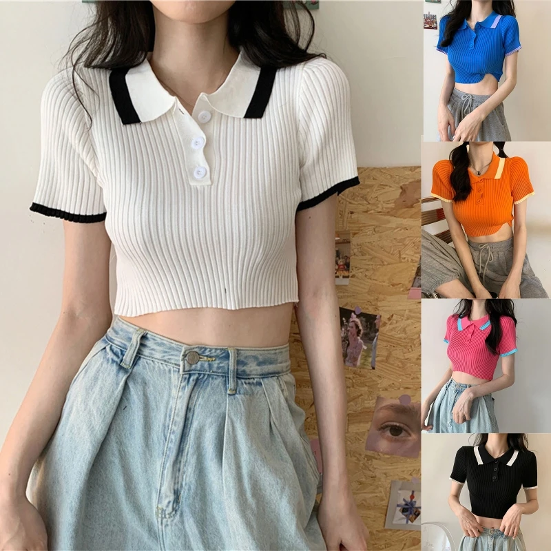 

Short Sleeve Lapel Crop Top Women Vintage Knit Colorblock Slim Pullover T-Shirt