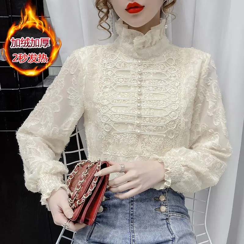 

New Women Sexy Embroidery Lace Blouse Feminine Stand Neck Long Sleeve Shirt Blouse Tops A105