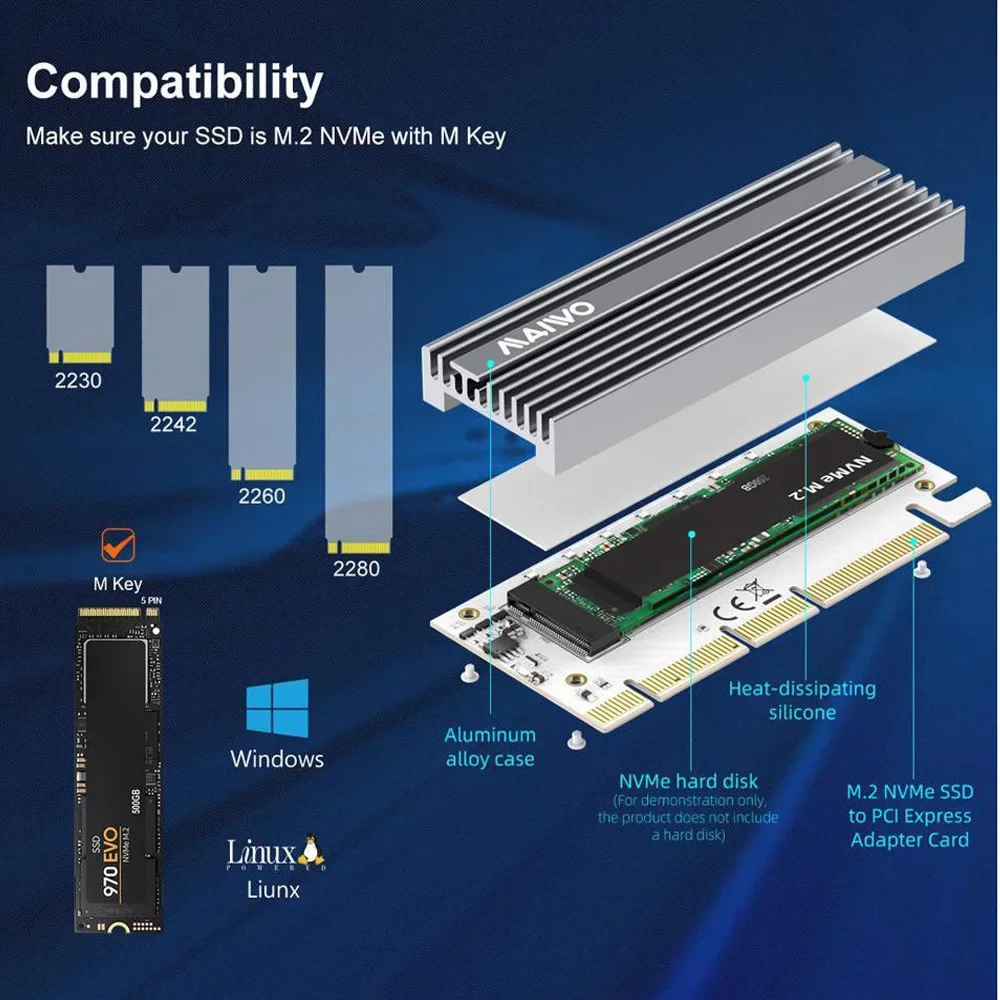 Адаптер адаптера MAIWO NVME M.2 SSD Карта расширения NVMe to PCIe X4 X8 X16 Алюминий для M.2 NVME 2230 2242 2260 2280 SSD (art.: 3920d2d1e954c) - 3920d2d1e954c