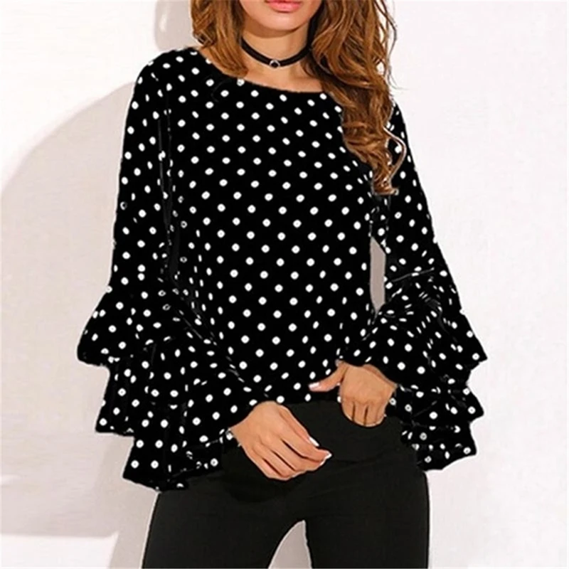 

Women Polka Dot Blusas Shirts Spring Autumn Basic O Neck Long Sleeve Blouse Femininas Casual Pagoda Sleeve Tops Shirt 2022