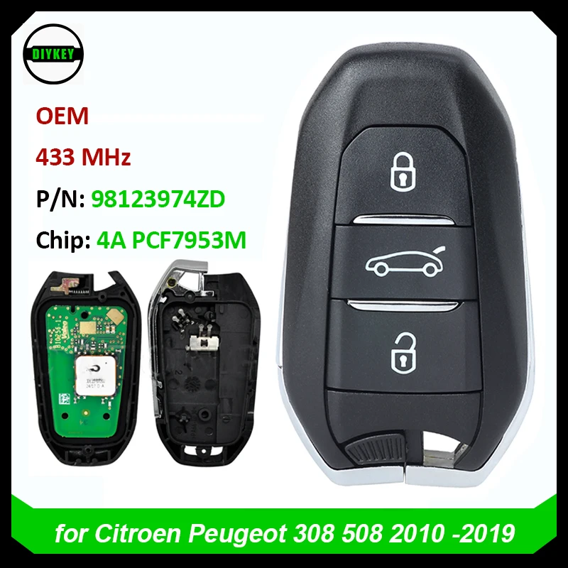 

DIYKEY OEM Car Remote Control Key Fob for Peugeot 308 508 2010-2019 433MHz Keyless GO Smart Card 4A PCF7953M - 98123974ZD