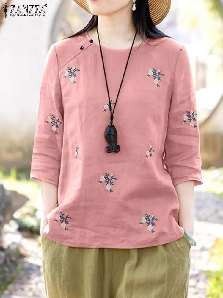 

Женская элегантная блузка с вышивкой ZANZEA, осенняя Модная рубашка с цветочным принтом, винтажные свободные блузы, Повседневная Туника с длинным рукавом и круглым вырезом, топы
