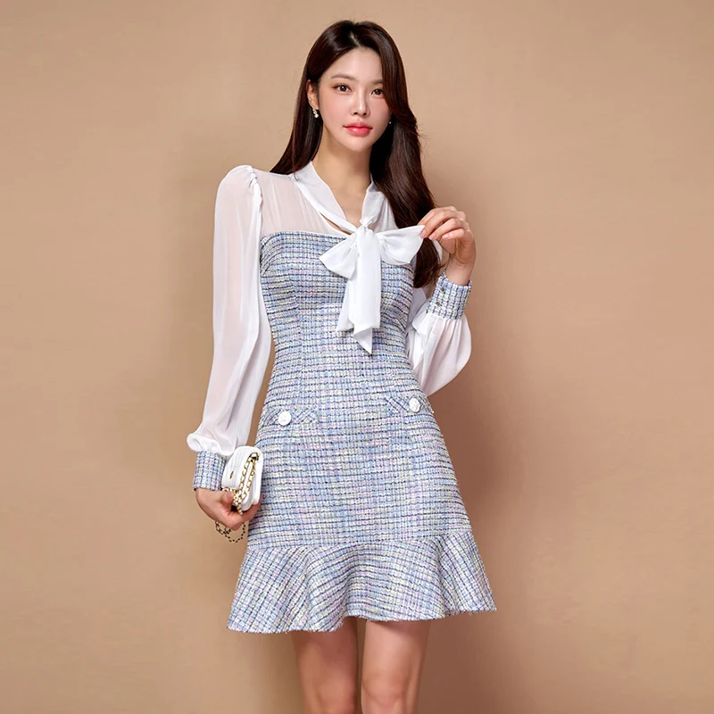 

Korea Fashion Autumn Winter Patchwork Lace-Up Bow Women Simple Vintage Dress Office Sheath Dress Elegant Slim Casual Party