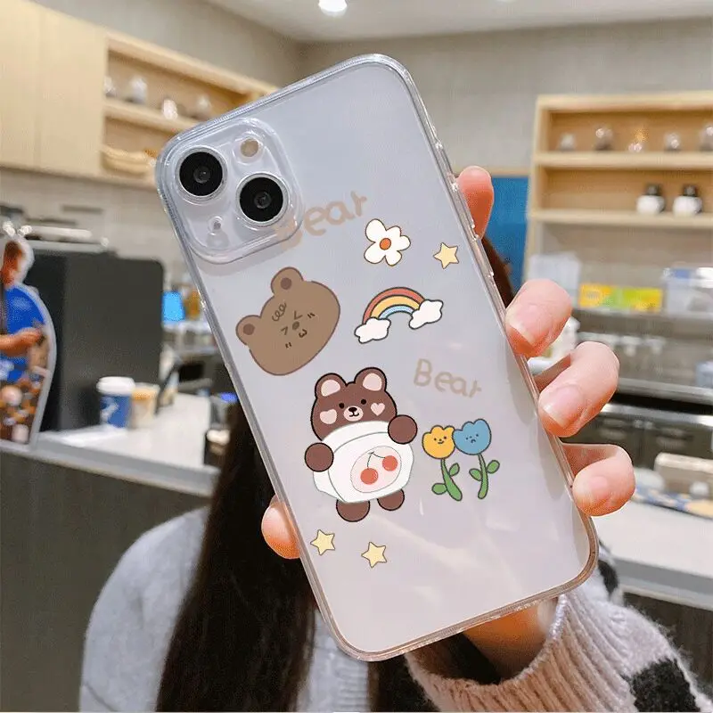 

cute cartoon bear flowers girl phone case for iphone 13 pro max 12 mini 11 xr xs max x 6 6s plus 7 8 se2020 shockproof tpu cover