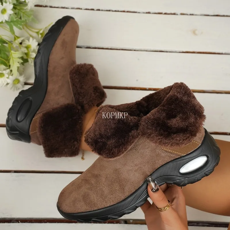 

Меховые зимние теплые зимние ботинки для женщин, теплые женские ботильоны, удобная обувь с перевернутыми краями, повседневные женские ботинки, обувь на платформе
