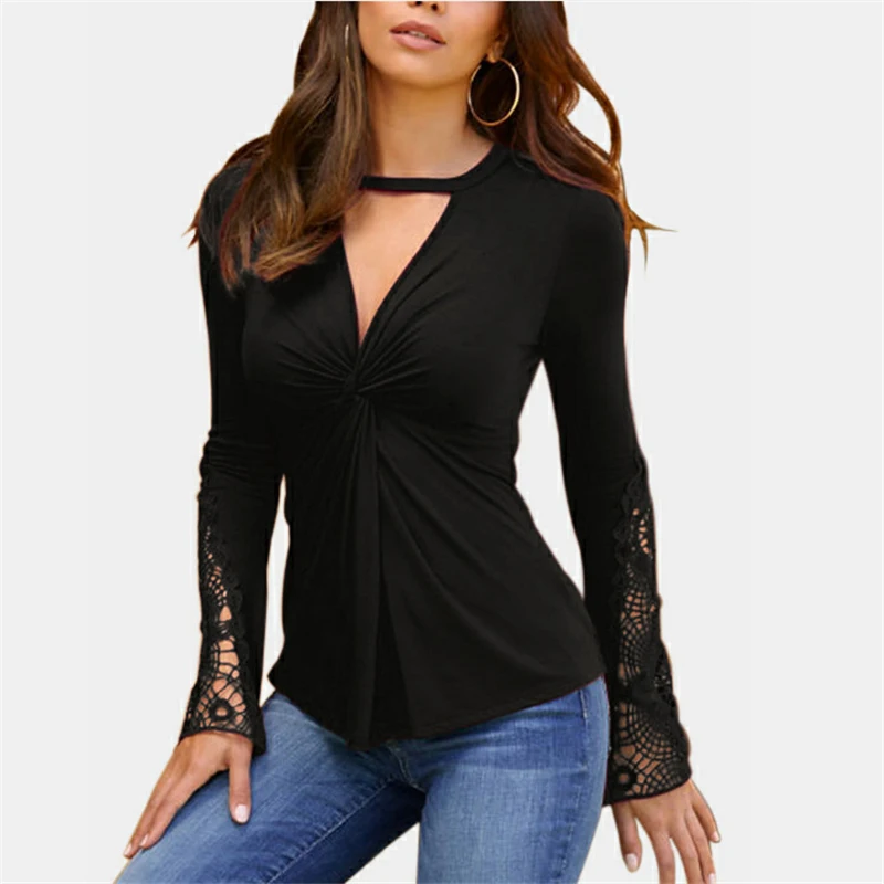 Женская футболка с длинным рукавом V-образным вырезом и кружевом - купить по