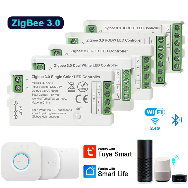 

Zigbee 3.0 WiFi LED Controller Tuya Alexa Google Home Voice Control CCT RGB RGBW RGBCCT LED Strip APP BT RF Remote 2.4G DC5V-24V